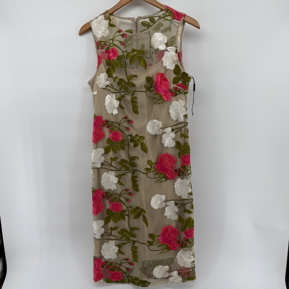Calvin Klein Floral Embroidered Mesh Sheath Dress Tan Pink White Size 10 whimsy